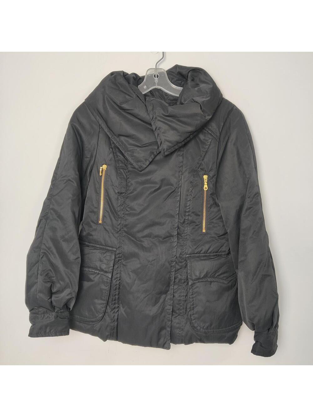 Sandra Angelozzi Black Puffer Jacket Size XXS Gold Zip Oversized Collar Coat